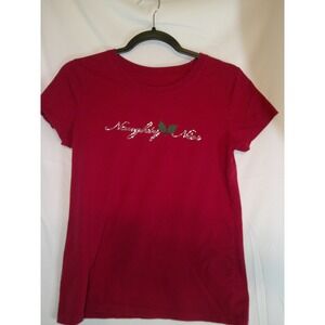 Naughty Nice Christmas Holiday T Shirt Top Womens Red Rhinestone Short Sleeve Sm